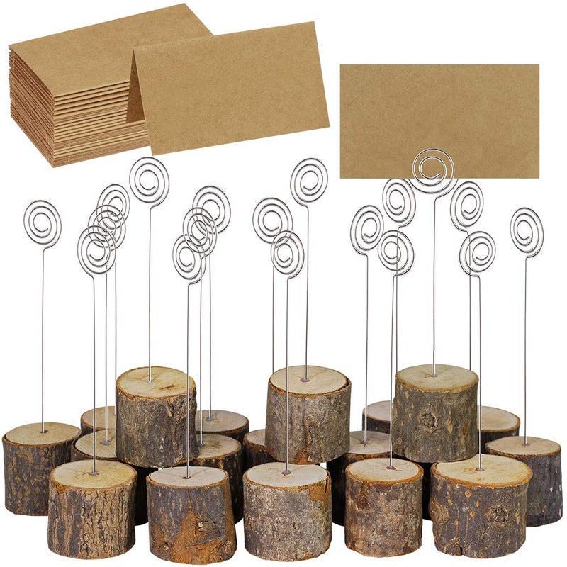 Supla 20 Pcs Rustic Wood Place Card Holders with Swirl Wire Wooden Bark Memo Holder Stand Card Photo Picture Note Clip Holders 5.8" and Kraft Place Cards Bulk for Wedding Party Table Number Name Sign - Image 1